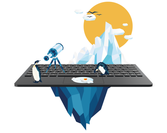 Illustration mit zwei Pinguinen auf einer Tastatur