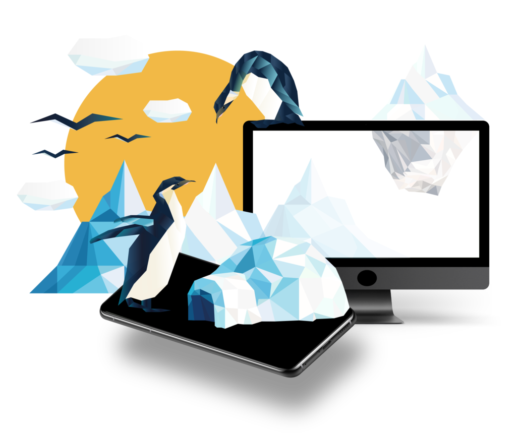 Illustration mit zwei Pinguinen auf einem Bildschirm inmitten einer Eislandschaft