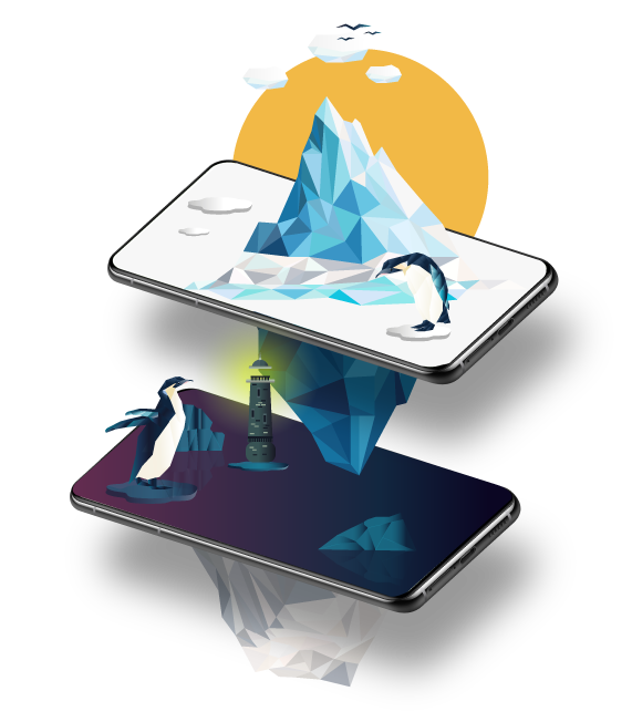 Illustration mit zwei Pinguinen auf zwei Smartphones inmitten einer Schneelandschaft
