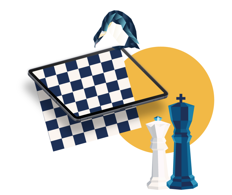 Illustration mit einem Pinguin und einem Tablet, bei dem ein Schachfeld ausklappt
