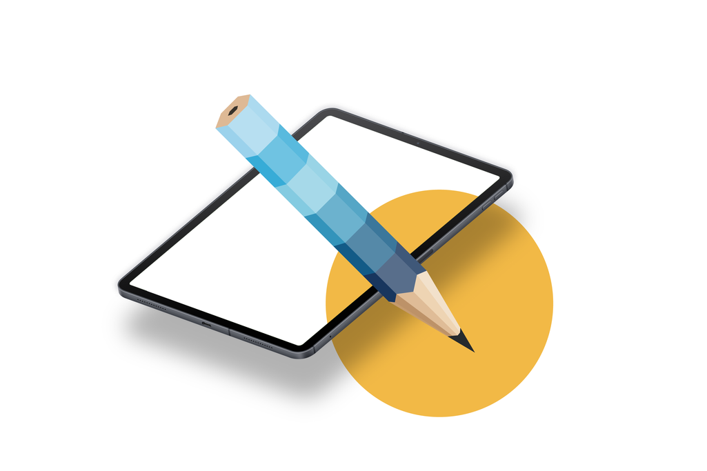 Grafik in der ein Stift, der auf einem Tablet schreibt.