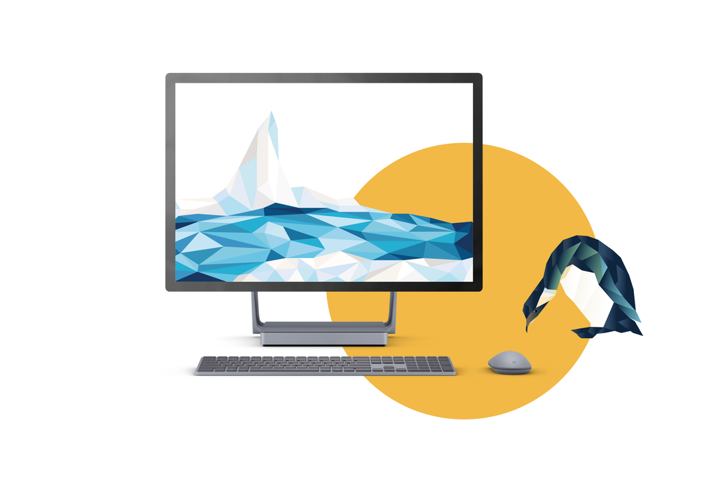 Grafik in der ein Pinguin eine Maus bedient, die mit einem Computer verbunden ist. Auf dem BIldschirm ist eine Schneelandschaft.