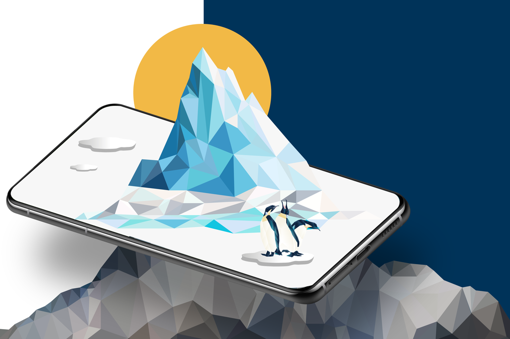 Grafik mit drei Pinguinen auf einer Scholle inmitten einer Berglandschaft mit Eisberg im Hintergrund