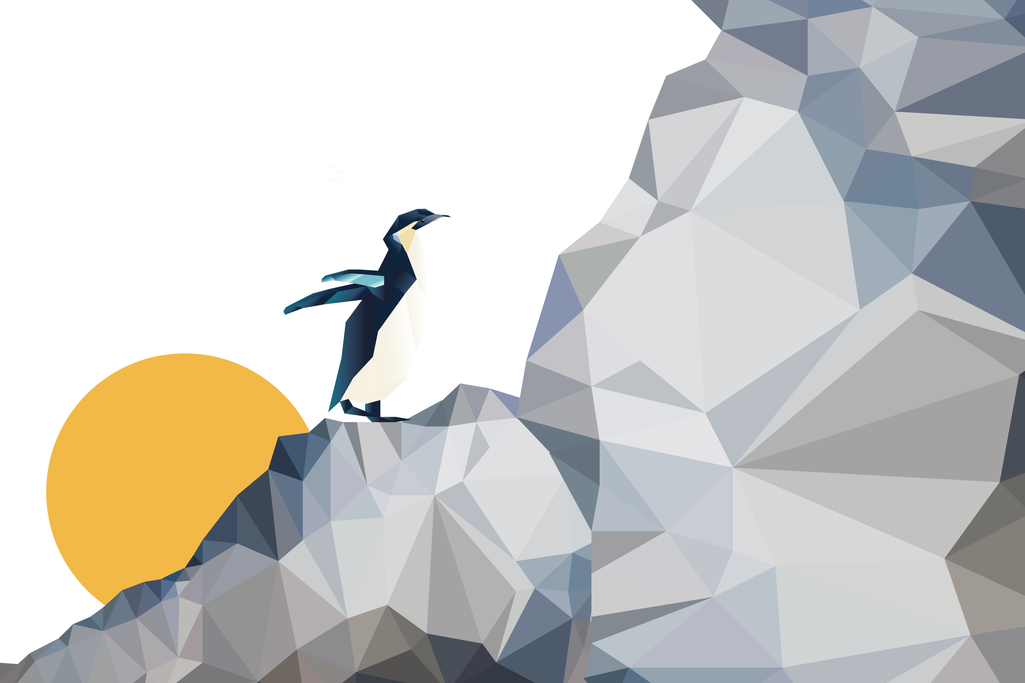 Grafik mit einem Pinguin, der vor einem großen Berg steht